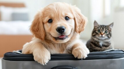 Adorable golden retriever puppy playfully stretching and exploring inside a cozy suitcase, showcasing its curiosity and energetic nature.