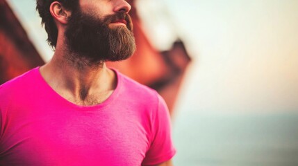 Fototapeta premium Man with beard in pink shirt near water at sunset along coastal area