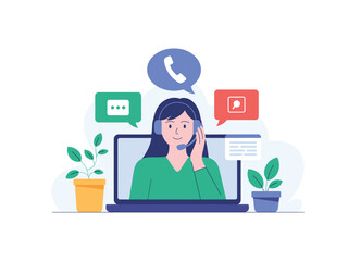 Customer Support Illustration: Female Agent with Headset Providing Assistance Online
