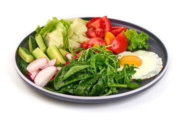 Vegetable Salad With Fried Egg, isolated on white background