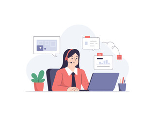 Customer service representative working on laptop with headset, illustration