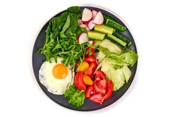 Healthy Fried Egg Salad Plate, isolated on white background