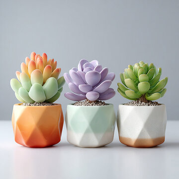 Three succulents in colorful geometric pots on white background home decor