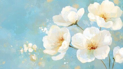 Delicate white flowers bloom against a serene blue background in spring