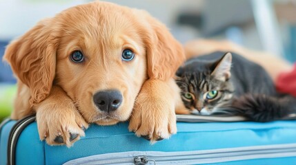 A playful and adorable golden retriever puppy with soft, fluffy fur and tiny paws balancing on the edge of a lush, green meadow, exploring its surroundings with curiosity and joy.