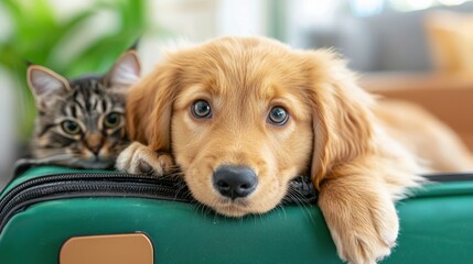A playful and adorable golden retriever puppy snugly tucked inside an open luggage bag, with a curious and content expression as it explores its cozy temporary home.