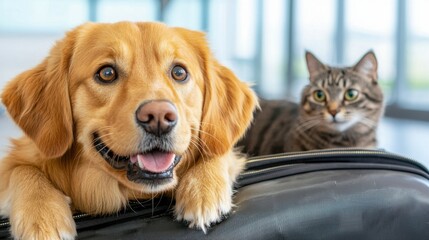 A cheerful golden retriever puppy nestled comfortably inside an open luggage bag, curiously observing its surroundings with an inquisitive expression.