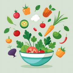 A variety of fresh vegetables mid-air above a salad bowl with a clear transparent background, AI Generated 
