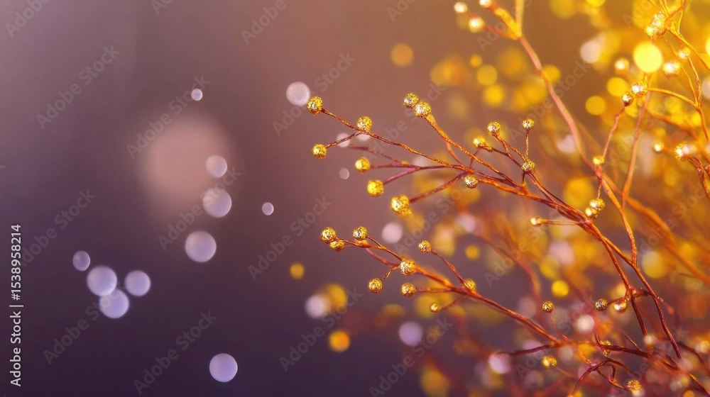 Poster bokeh background with glowing branches and delicate sparkling buds at dusk