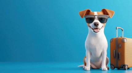 Cheerful puppy wearing vacation sunglasses and carrying a small suitcase, ready for an adventure