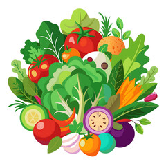 A vibrant mix of fresh salad vegetables arranged on a clean white background, AI Generated 
