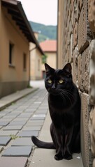 Ok black cat observed in a distant village alleyway by a mother