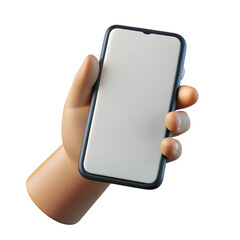 Cartoon hand holding smartphone mockup isolated on transparent background