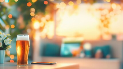 Refreshing drink sits on a table in a cozy environment with warm lights