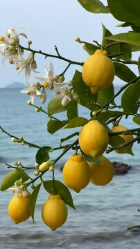Lemon tree branch with blossoms and ripe fruits swaying gently above a calm sea, natural Mediterranean scene with soft waves and aromatic citrus atmosphere, perfect for beauty, nature, and summer life