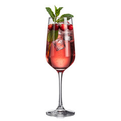 Crimson Elixir: A high-angle, photorealistic studio shot reveals a tall, elegant glass brimming with a vibrant red concoction, adorned with fresh mint leaves and plump cranberries.