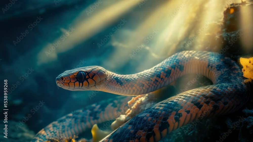 Poster a snake resting or hiding in calm water, ideal for illustrations and designs related to aquatic scen