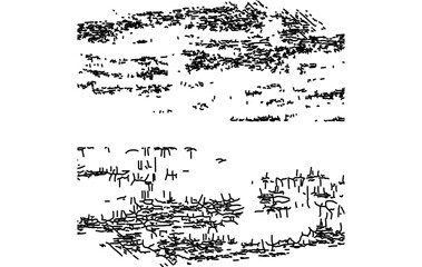 Stylized Mountain and Water Reflection Drawing , Minimal Ink Drawing of Nature Landscape