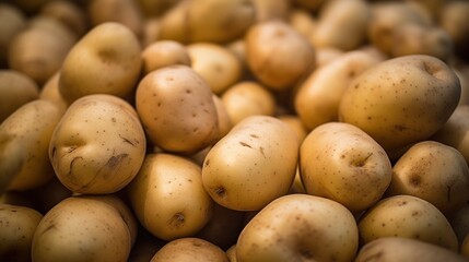 A pile of close up potatoes, organic food horizontal background.