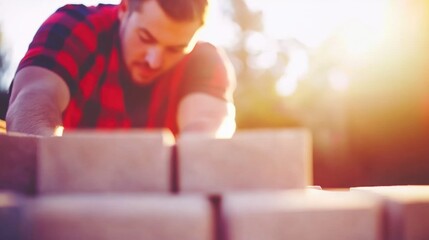 Builder working with bricks during sunset at a construction site