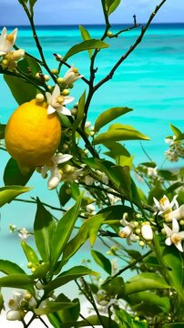 Lemon tree flowers and fruits swaying gently in the breeze above bright turquoise tropical sea, luxurious and fresh botanical footage with exotic summer atmosphere