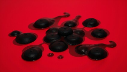 Set Textured Abstract Shapes Black on Red with Irregular Drops
