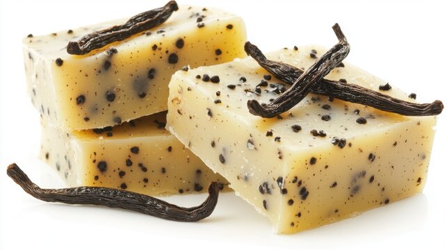 Homemade vanilla soap bars with natural vanilla specks and sticks on a clean background