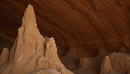 Brown cave wall featuring a prominent rock formation