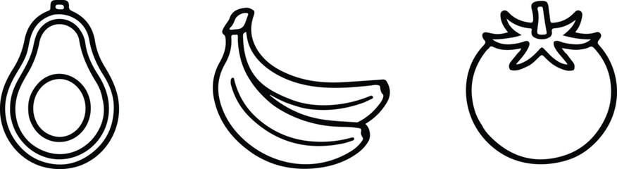Simple Line Art Illustration of Avocado, Bananas, and Tomato