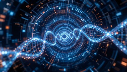 Fototapeta premium Futuristic 3D DNA Data Tunnel with Glowing Digital Particles