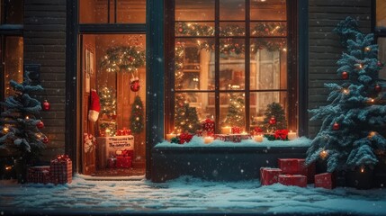 Cozy Christmas storefront, snow-covered, lit warmly