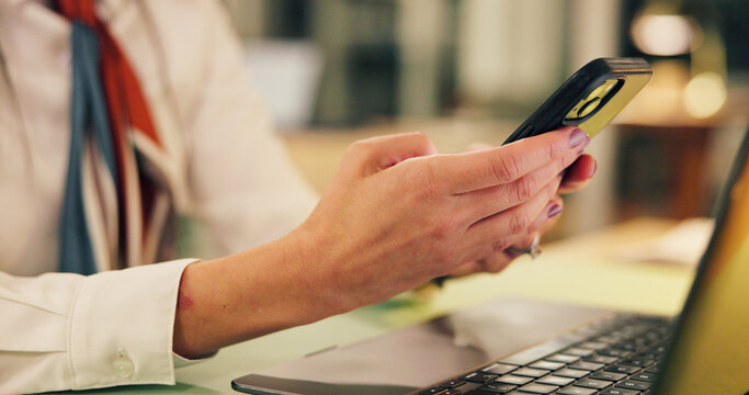 Business, hands and woman with phone in office for night trading, stocks account or market trends. Laptop, working late or trader with smartphone for online research, portfolio review or finance news