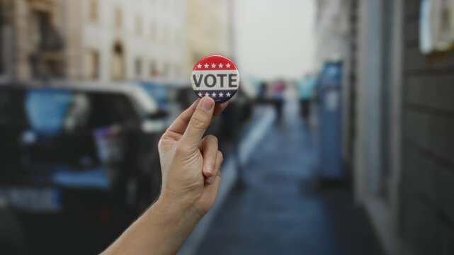 Man holding vote button on street showcasing election engagement outdoors with city backdrop and caucasian hand emphasizing political participation in urban environment.