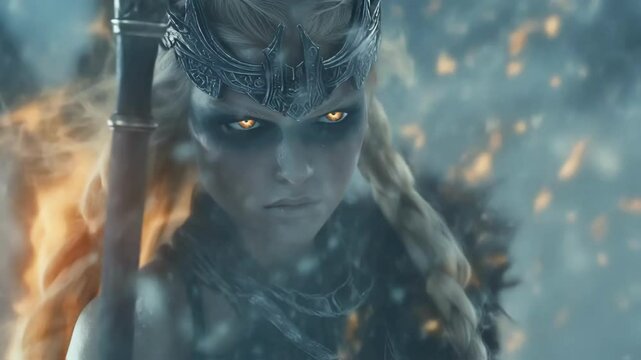 Powerful mythical queen freya, wearing a dark metal crown and glowing eyes, stands firm amidst a snowy landscape, her orange hair flowing as embers dance in the frosty air
