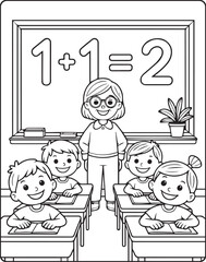 Teacher teaching in the classroom with students vector line art illustration coloring page for kids