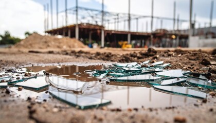 Broken Glass Pieces in a Puddle at a Construction Site Scattered shards reflect the sky