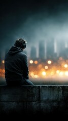 Young man sits on wall listening to music with city skyline illuminated in the background during twilight hours
