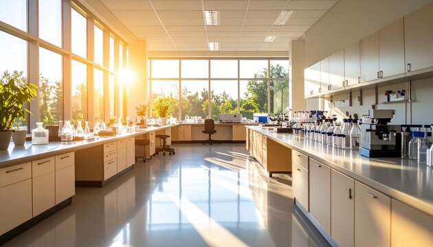 Modern sunlit laboratory interior design with large windows showcasing scientific equipment and clean workbenches