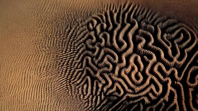 Intricate abstract pattern with undulating curves and detailed textures in neutral earth tones, creating an organic and mesmerizing effect.