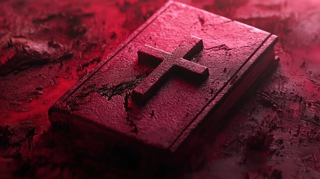 Religious book with a cross symbol resting on textured red surface in a contemplative arrangement