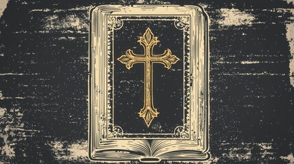Open book with a golden cross on the cover displayed against a textured dark background showcasing religious themes