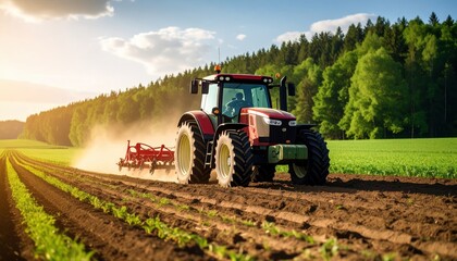 Obraz premium Modern Tractor Cultivating a Lush Green Field at Sunset A Farmer Works the Land in a Picturesque Rural Setting