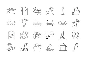 Beach Vacation and Travel Line Art Icons – Vector Set of Summer, Sea, and Outdoor Adventure Elements