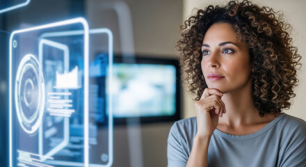 Thoughtful woman with curly hair looks at digital data interface, symbolizing future technology, innovation, and analytical thinking.
