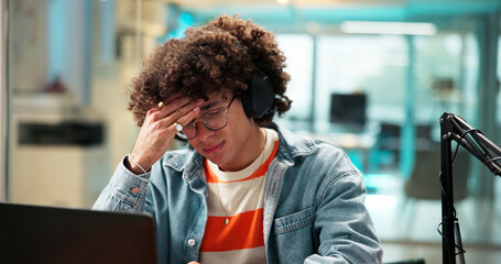 Stress, influencer and man with mic for podcast with mistake, online glitch and network error....