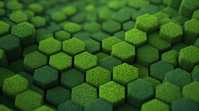 Close-up of green hexagonal moss clusters creating a textured, geometric natural pattern with varied heights and shades of green.