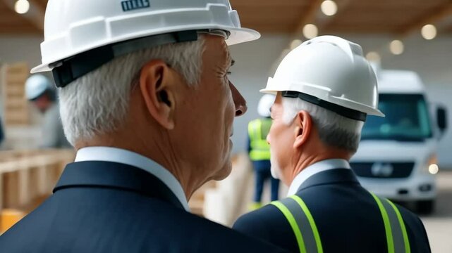 Business meeting showcases industry leaders discussing construction projects in modern facility with safety gear