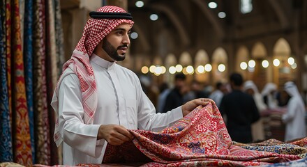 Arabian Man Examining Fabric in Traditional Market Setting