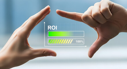 Hands framing roi graphic with progress bars indicating full completion rate isolated on white background, tarensparent background, png, jpg,jpeg,  on transparent background