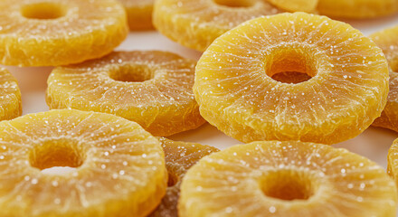 Crystallized pineapple rings on a white background.